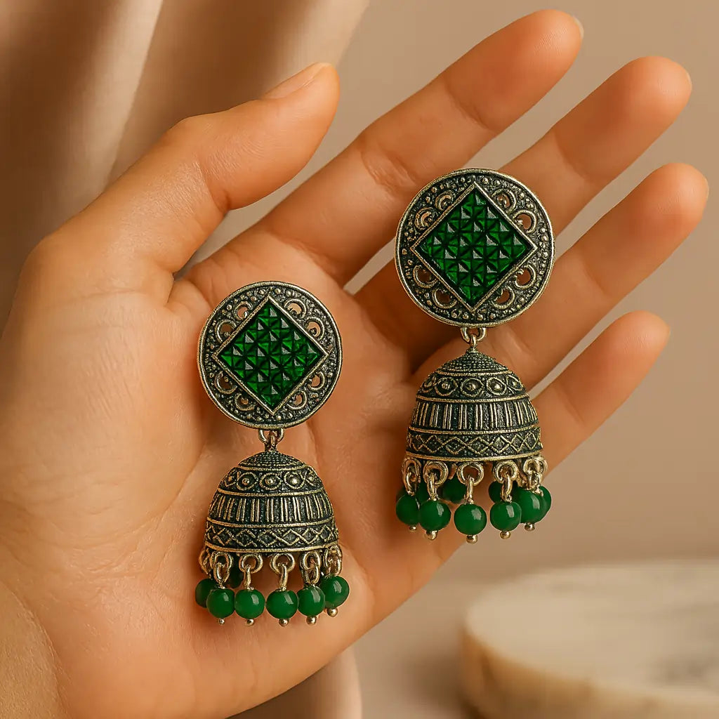 Antique Green Oxidized Beaded Silver Jhumka
