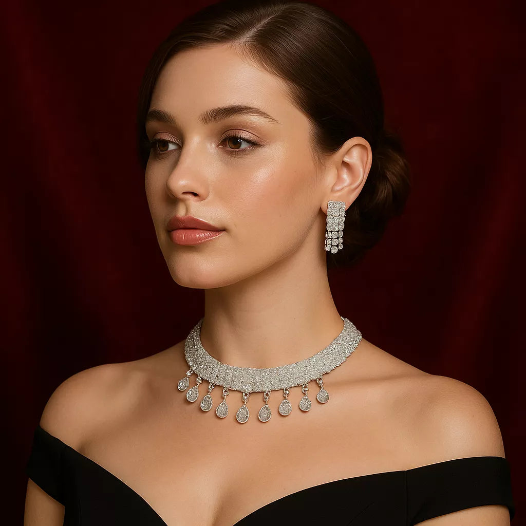 Sparkling Silver Crystal Diamond Necklace Set