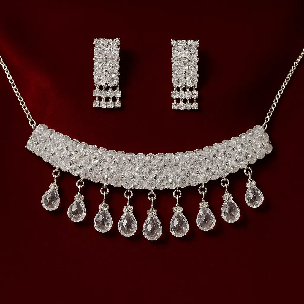 Sparkling Silver Crystal Diamond Necklace Set