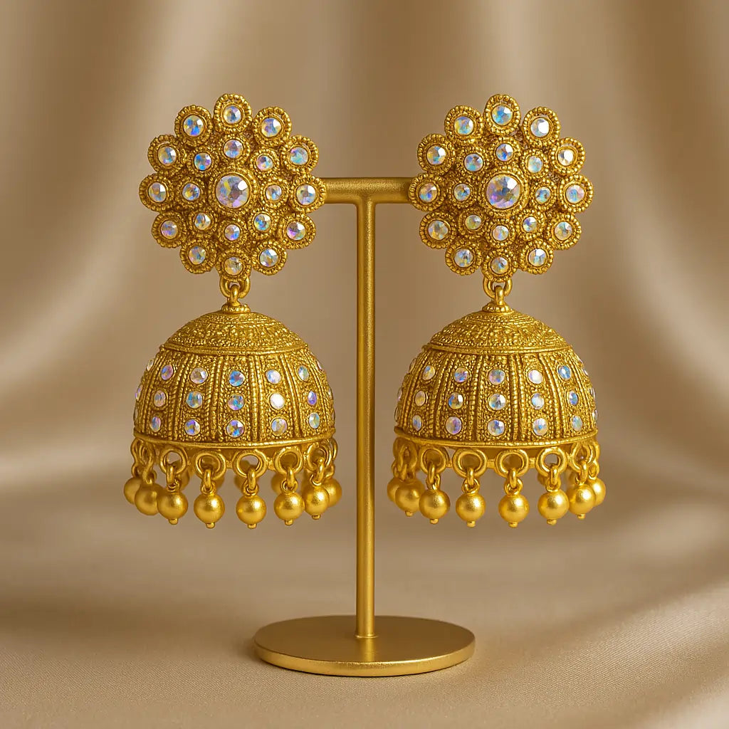 Luxury Gold-Plated Floral Dome Jhumka Earrings with Crystal Accents