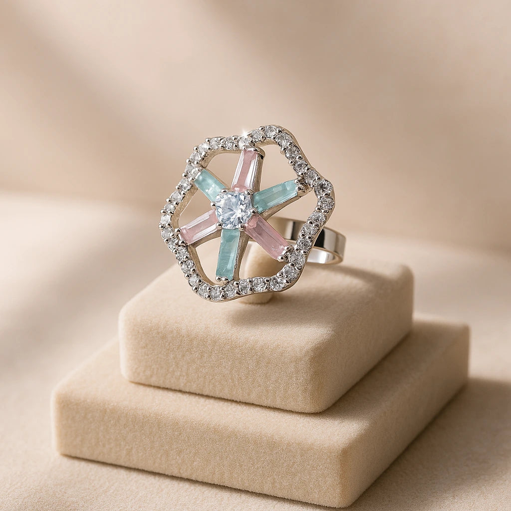 Elegant Crystal Halo Ring in Silver with Mint Green & Blush Pink Gemstones