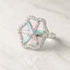 Elegant Crystal Halo Ring in Silver with Mint Green & Blush Pink Gemstones